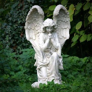 Estatua de Ángel guardián blanco de tamaño real cementerio moderno arrodillado llorando figuritas de oración de granito grande Venta de lápida - Product Image 2