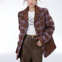 Personnalisé Vintage Mode Faux Cuir Patchwork Laine À Carreaux Zip Enlèvement Coupure Veste Courte Manteau Femmes Rue Veste Extérieure