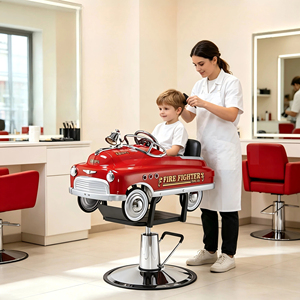 Chaise de barbier pour enfants vintage rouge <span class=keywords><strong>pompier</strong></span>, réglable hydrauliquement, motif <span class=keywords><strong>camion</strong></span> de pompiers, pour salon de coiffure - Product Image 1