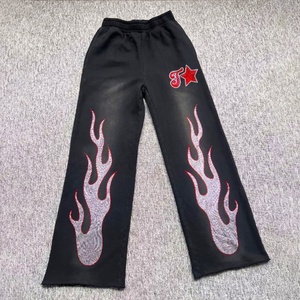 Pantalon de survêtement large personnalisé noir délavé à l'acide, 100 % coton French Terry de haute qualité pour homme, avec strass - Product Image 1