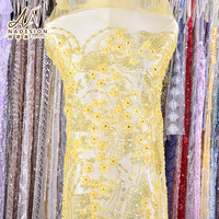Tissu en dentelle de tulle brodé de fleurs vintage personnalisées, orné de perles et de sequins, pour robe de mariée ou tenue de soirée