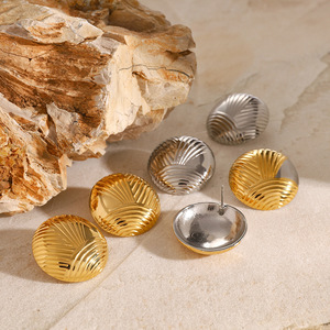 <b>Stud</b> <b>Earrings</b> 18k Gold Stainless Steel Retro Ribbed Geometric Design Fashion Jewelry - Product Image 1