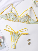 Ensemble soutien-gorge et culotte 2 pièces en maille transparente à fleurs jaunes pour femmes, de haute qualité, fourni par l'usine, écologique, contrôle de la lumière, armatures push-up