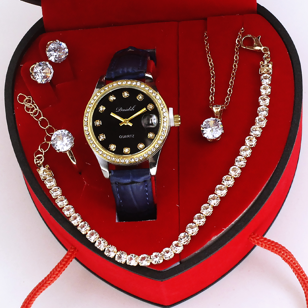 Orologio con cinturino blu e quadrante nero + gioielli