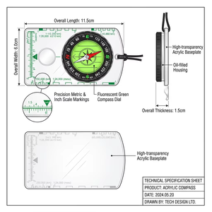 DC361 Compas avec base en acrylique, échelle impériale et métrique, cadran lumineux, niveau à bulle, loupe, étanche, léger et durable - Product Image 2