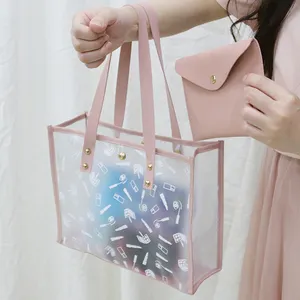 Custom Logo See-Through Frosting Pvc Shopping Hand Bags Girl Clear Tote Bag With Mini Purses