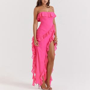Vestido Maxi con Volantes Color Fucsia, Vestidos Elegantes para Mujer, Vestidos Casuales de Alta Gama para Cena - Product Image 1