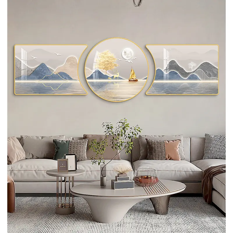 Fu Lu light luxury living room decoration modern simple sofa background wall hanging painting 2023 new triptych meaning good