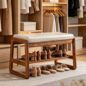 2 Tier Wood Shoe <strong>Bench</strong> <strong>With</strong> <strong>Leather</strong> Cushioned <strong>Seat</strong> Shoe Organizer Shoe Rack Entryway Storage Stool for Hallway Bedroom - Product Image 1