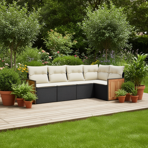 Conjunto de Sofá de Jardín Negro de 6 Plazas, Muebles de Exterior de Ratán y Madera de Teca, Diseño Contemporáneo, Resistente a la Intemperie - Product Image 2
