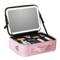 Boîte de rangement de cosmétiques de bureau de grande capacité, étui de trousse de maquillage Portable de voyage en cuir imperméable avec miroir lumineux Led