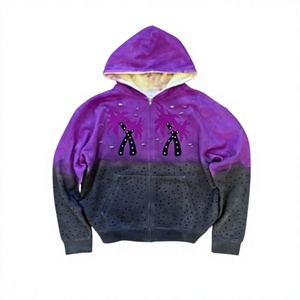Sudadera con capucha y cremallera degradado morado tie-dye con logo de pedrería, de felpa lavada, mezcla de algodón y felpa, oversize con hombros caídos - Product Image 1