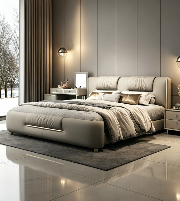 Modern King Size Adjustable Leather Soft Bed Frame with Wood+Metal Construction for Bedroom Home Furniture