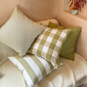 Green Plaid And Striped Decorative <b>Pillows</b> Square Removable Linen Living Room <b>Sofa</b> Cushions - Product Image 2