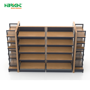 Highbright Double-sided Gondola Shelving with Wood Grain <b>Shelves</b> and Side Wire <b>Baskets</b> for Supermarket Grocery Store - Product Image 1