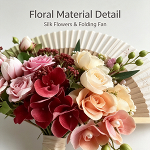 Éventail floral de style oriental pour mariée, fleurs artificielles décoratives pliables avec pompon, accessoire de photographie pour mariage, fiançailles, cérémonie - Product Image 2