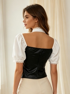 Vintage Gothic Patchwork Blouse Puff Short Sleeve Stand Collar Hollow Out Lace Top Button Front Slim Fit Y2K <b>Party</b> Daily Wear - Product Image 3