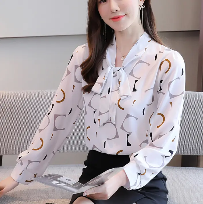 Blusa feminina de chiffon com laço manga comprida, camisa estampada da moda para mulheres, 2021