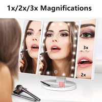 Miroir cosmétique LED carré argenté éclairé, pliable, rotatif à 90 et 180 degrés, avec grossissement 1x/2x/3x, en plastique