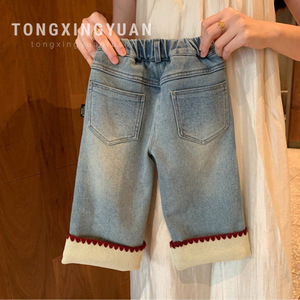 Tongxingyuan Girls Denim Shorts Fleece <b>Lined</b> Thickened Solid Color Cotton Woven Toddler Baby <b>Pants</b> - Product Image 2