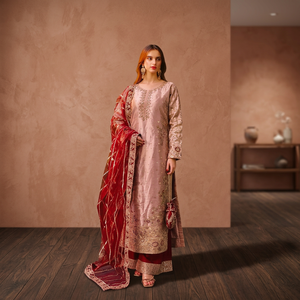 Conjunto de Salwar Kameez de Seda Rosa Dorado de Lujo, Kurta Recta con Bordado Zari Tradicional, Pantalón Palazzo Color Granate, Ropa India y Pakistaní para Mujer - Product Image 1