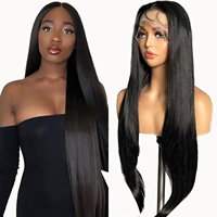 Perruque synthétique Lace Front 32 pouces, longue et droite, avec raie au milieu, noir naturel, dentelle transparente, pré-épilée, sans colle, pour femmes