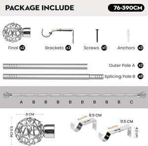 シルバーの壁掛けカーテンポール、フィニアル付き、76～390cm、ドア/窓ブラケット金具セット、屋内/屋外用 - Product Image 4