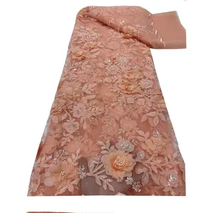Ni. Ai thiết kế mới 3D hoa đặt ngọc trai thêu lưới ren vải cho váy cưới chất lượng cao Sequins vải ren lưới