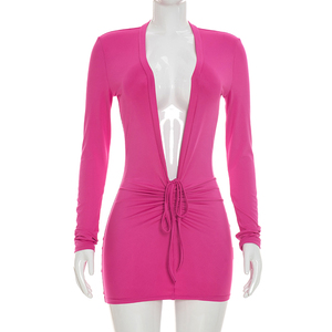 Viviblook J26DS248 Vestido de Fiesta Corto Ajustado de Verano para Mujer, Sexy, de Color Sólido, Manga Larga, Cuello en V Profundo - Product Image 1