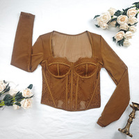 Chuangerm En stock Meilleures ventes 2026 Haut corset sous-poitrine à baleines pour femme, en dentelle et maille transparente, coupe ajustée, manches longues, style Faja, Crop top de soirée