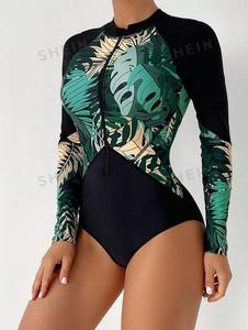 Maillot de bain athlétique une pièce à manches longues imprimé avec fermeture éclair pour femme, style européen et américain, idéal pour le surf – Nouvelle collection 2026, vente chaude - Product Image 2