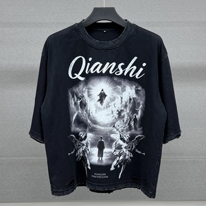 T-shirt pour homme en coton lourd, style streetwear personnalisé, vintage, imprimé à l'écran, délavé à l'acide, épaules tombantes, surdimensionné, graphique - Product Image 1
