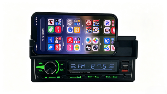 Single Din Car MP3 Player with Phone Holder, Bluetooth Hands-Free, FM Radio, Fast Charge USB & Type-C Port