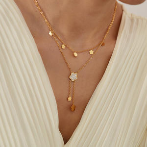 Ожерелье с кубическим цирконием и позолотой, двойной слой, с кисточками и цветами, в простом стиле - Product Image 1