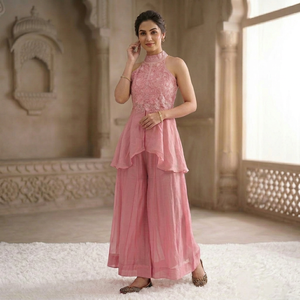 Pink Lace Halter <b>Top</b> Ethnic Pakistani <b>Indian</b> Wedding Graduation Diwali Party Salwar Kameez Set with Quick Dry Feature - Product Image 1