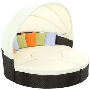 Outdoor Rattan Woven Large Round Bed Round Rattan Chair with Covered Sofa Lounge Chair Rattan Art Balcony Beach Wood Modern
