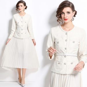 Elegant Women's Temperament Autumn New Set Coarse Flower <strong>Coat</strong>+chiffon Half <strong>Skirt</strong> Two-piece Dress Set - Product Image 1