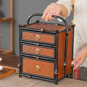 Bamboo <b>Tea</b> Cabinet Lacquered Three Tier Portable Storage <b>Box</b> Chinese Style Desktop Organizer - Product Image 5