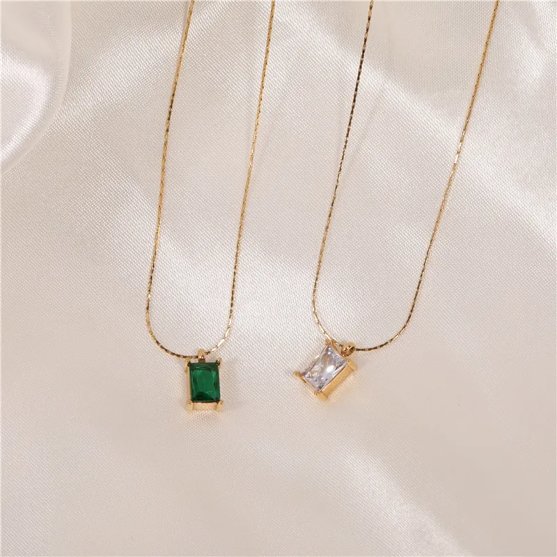 Joolim Jewelry 18K Gold Plated Green & White Zirconia Pendant Dainty Chain Necklace Stainless Steel Jewelry Wholesale