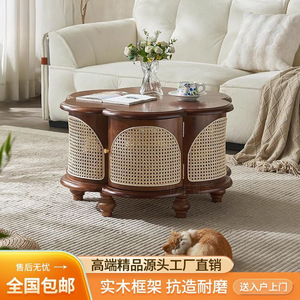 โต๊ะกาแฟหวายไม้เนื้อแข็งสไตล์ญี่ปุ่นทรงกลมเฟอร์นิเจอร์ห้องนั่งเล่น - Product Image 5