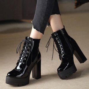 Mirror Patent Leather Platform Round Toe Women Ankle <b>Boots</b> Big Size 43 Side Zipper Chunky High Heel Short Booties for Ladies - Product Image 2