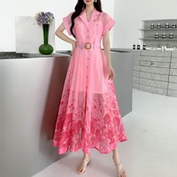 Robe trapèze en mousseline à dégradé floral, longueur cheville, grande taille, avec ceinture et manches courtes à boutons – Printemps-Été, Romantique et Décontractée