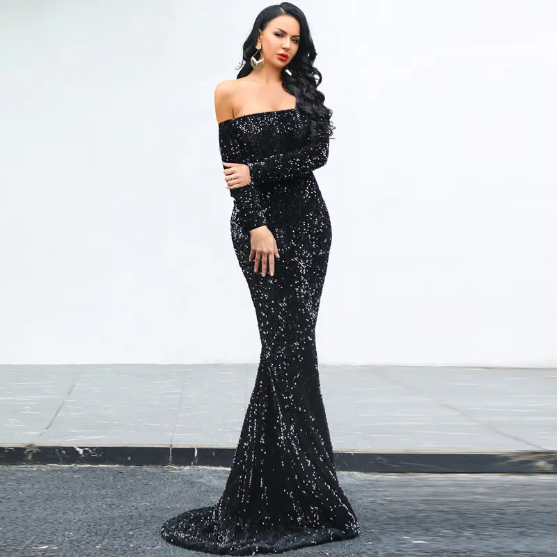 Hot Selling Elegant Off Shoulder Sequin Prom Formal Dress Trendy Slim Bodycon Evening Ball Gown for Women