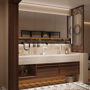 Retro style bathroom cabinet with cave stone rock slab ceramic integrated basin intelligent light defogging <b>mirror</b> cabinet - Product Image 5