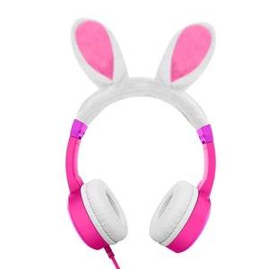 Audífonos supraaurales con cable, sonido estéreo, control de botones, almohadillas blancas y orejas de conejo rosas para niños - Product Image 1