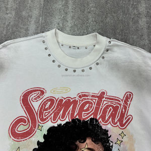 新品ディストレスヘビーウェイトフレンチテリー特大プリントグラフィックTシャツカスタムクロップドラインストーン酸ウォッシュボクシーtシャツ男性 - Product Image 3