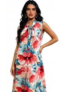 Robe d'été sans manches à fleurs pour femme, jupe midi élégante boutonnée et cintrée à la taille pour les vacances et le quotidien - Product Image 3