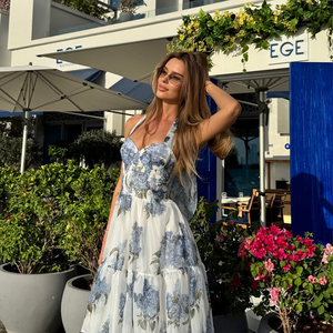 Blue And White Floral Print Halter Neck Sweetheart Tiered Ruffle Hem High Waist Women's Elegant Summer Maxi <strong>Dress</strong> - Product Image 3