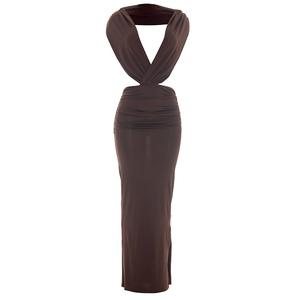 Viviblook Y26DS166 Vestido de Verano para Mujer, Nuevo, Color Sólido, Casual, Sin Mangas, Halter, Espalda Descubierta, Ajustado, Maxi Vestido - Product Image 4