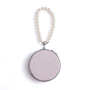 Miroir compact pliable rond recouvert de tissu rose avec chaîne en fausses perles, mini miroir de maquillage portable de poche, logo personnalisé - Product Image 1